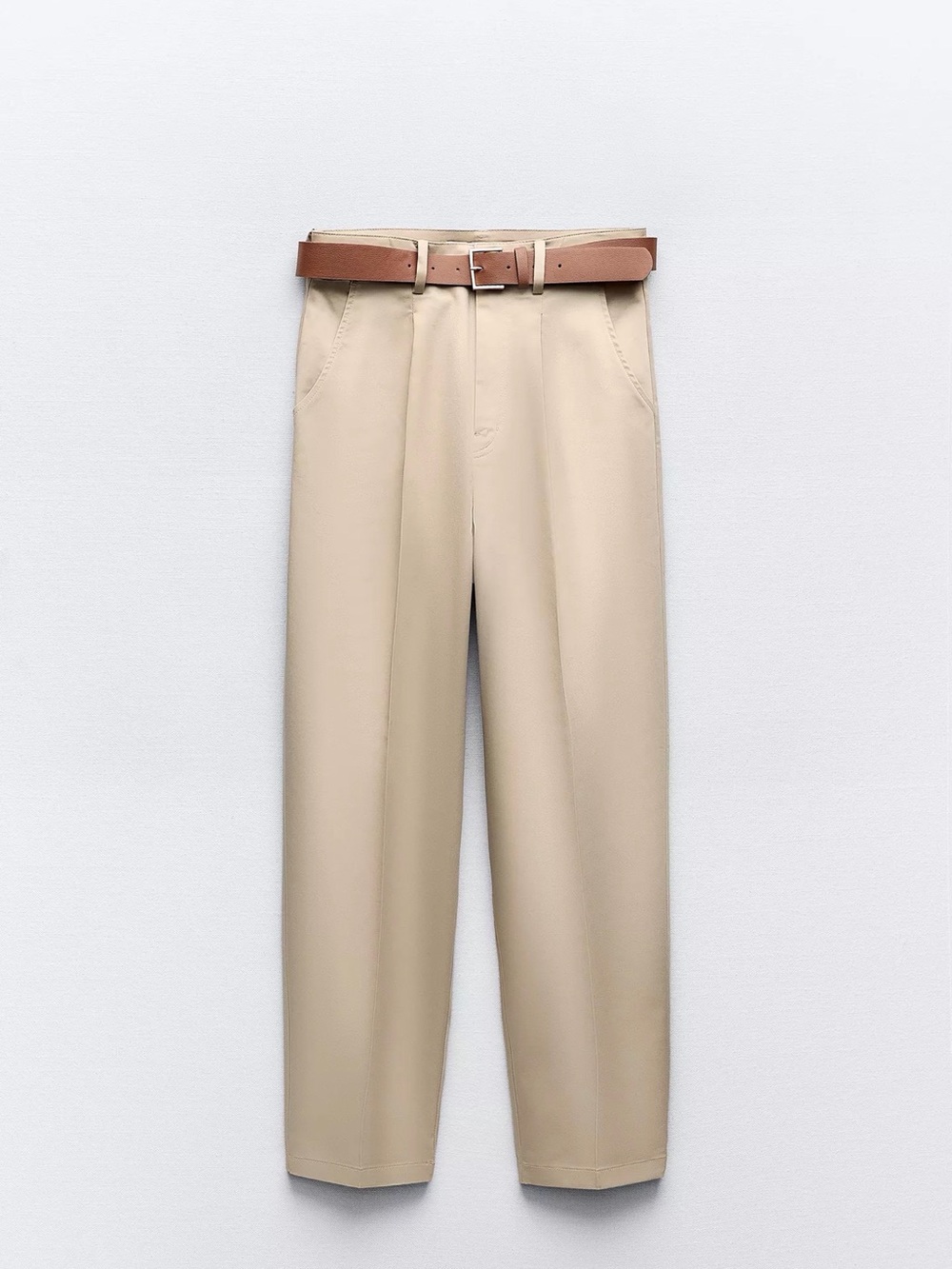 Zara Beige High-Rise Wide-Leg Chinos with Brown Belt